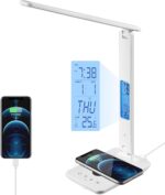 poukaran LED Desk Lamp with Wireless Charger, USB Charging Port, Office Table Lamp with Clock, Alarm, Date, Temperature for Home Office, White