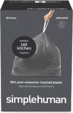 simplehuman 50% Post-Consumer Recycled Odorsorb Tall Kitchen Drawstring Trash Bags, 13 Gal, 80 Count