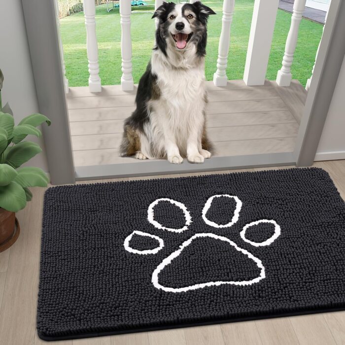 smiry Dog Door Mat for Muddy Paws, Absorbent Dirt Trapper Non-Slip Washable Mat, Quick Dry Chenille, Mud Mat for Dogs, Entry Indoor Door Mat for Inside Floor (24x16 Inches, Black)